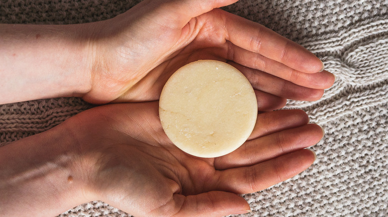 hands holding a shampoo bar