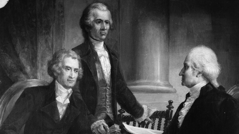 Drawing of Thomas Jefferson, George Washington and Alexander Hamilton