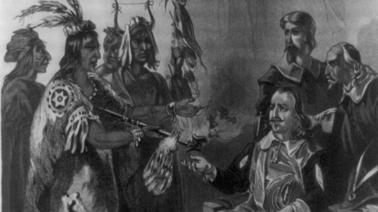 Drawing of Native Americans meeting with Europeans
