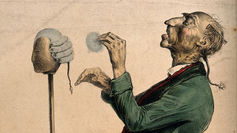 Drawing of man powdering an 18th century wig