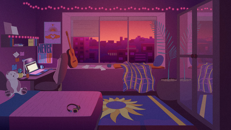 graphic lo-fi video background cartoon room at sunset with laptop