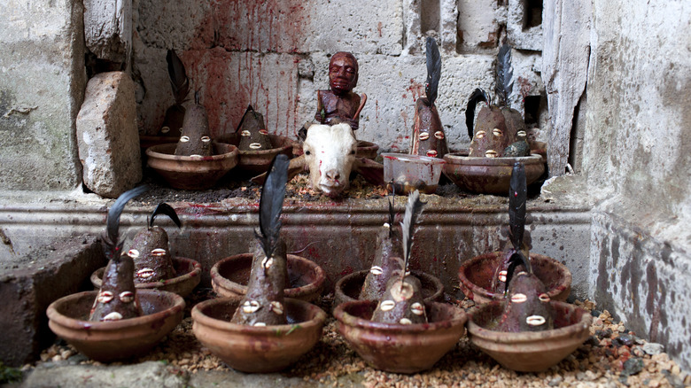 altar to ellgua with goats head states in bowls blood stains