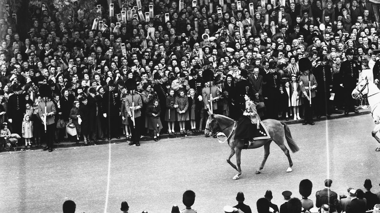 Elizabeth II on horseback at the Trooping of the Colour