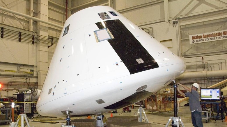 the orion spacecraft in hangar