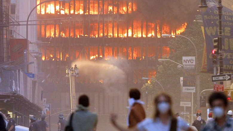 windows of world trade center filled with fire