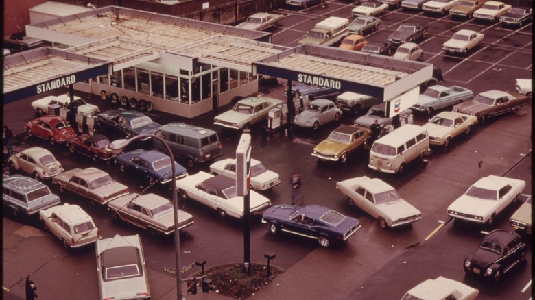 line of cars at gas station