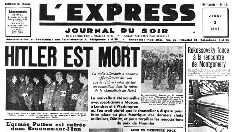 Hitler is Dead, front page of L'Express newspaper, 3 May 1945