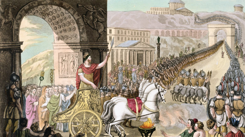 engraving of roman crowd victory parade