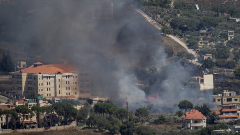 Lebanese town fire and smoke 