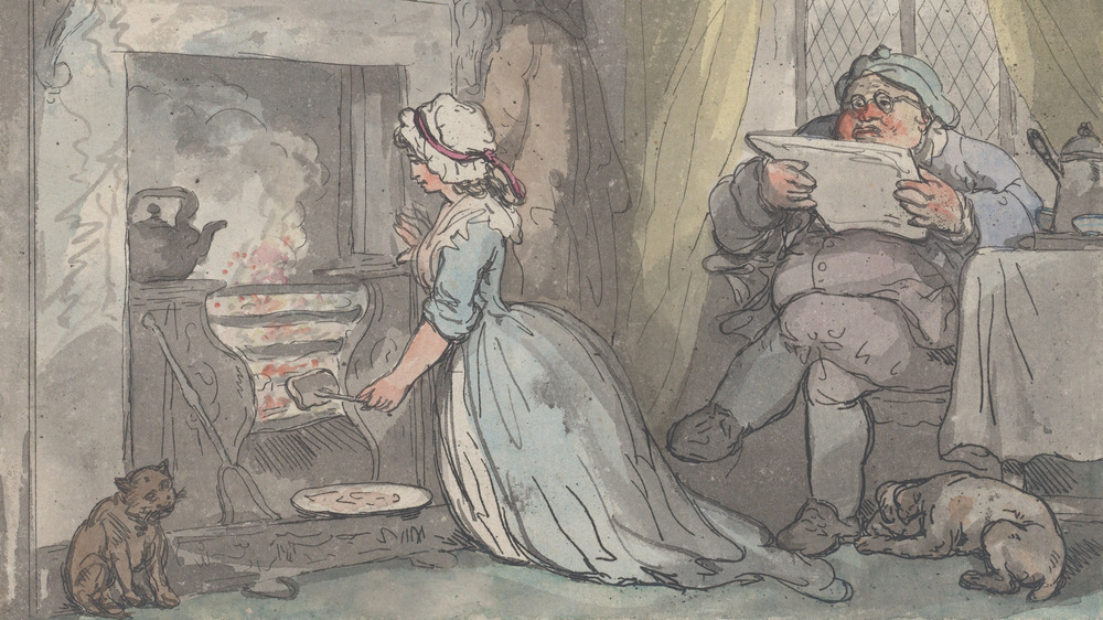 Illustration of man reading paper while women stokes fire