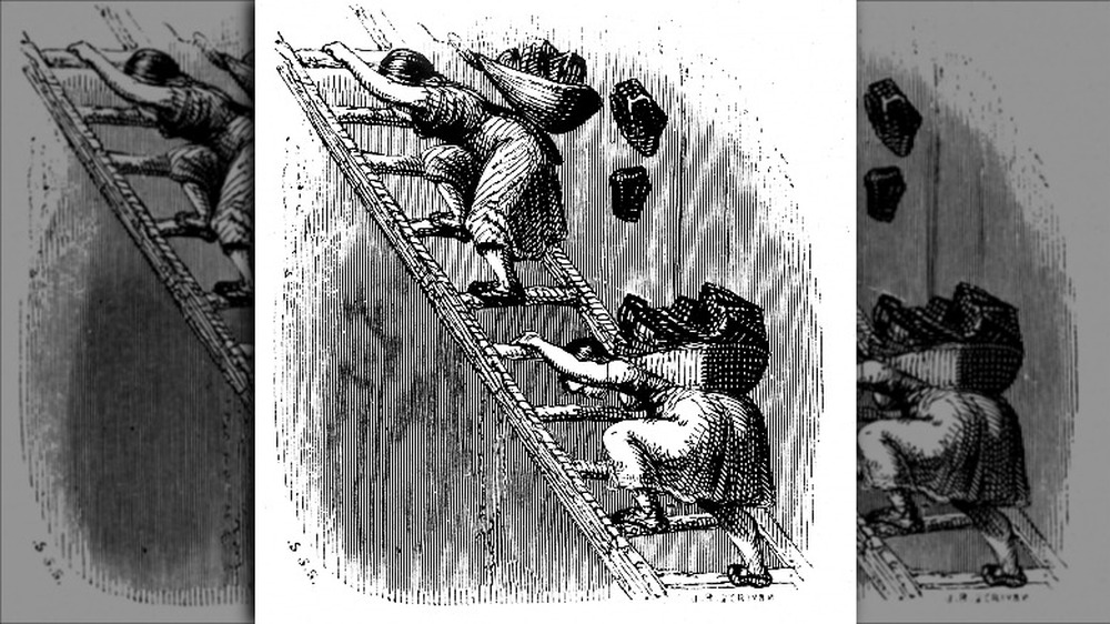 Drawing of women workers hauling coal 