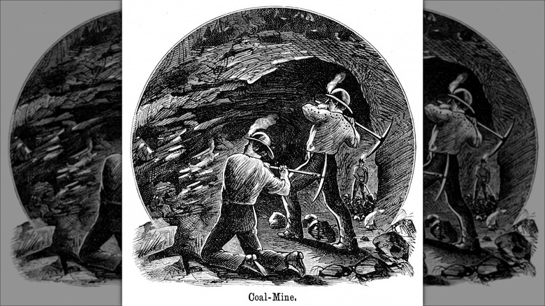 1882 illustration miners striking rock