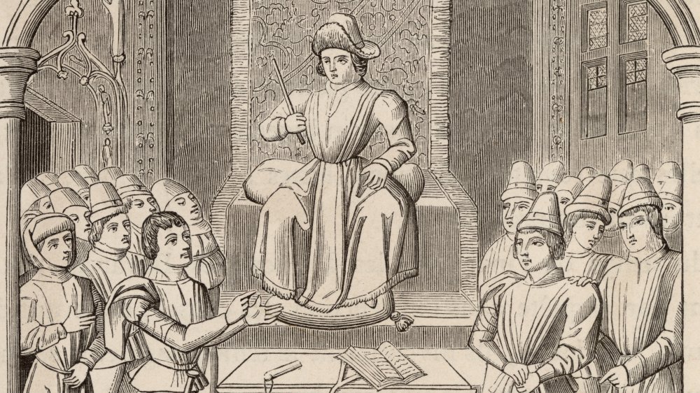 Medieval drawing of man holding court