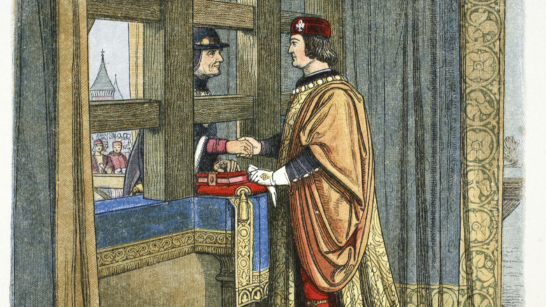 illustration of Edward IV and Louis XI signing the treaty