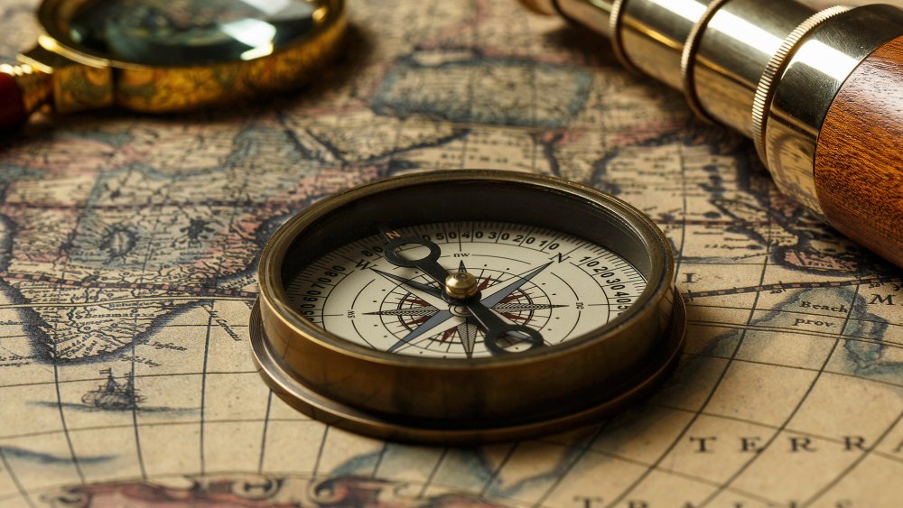 Compass and spyglass on map.