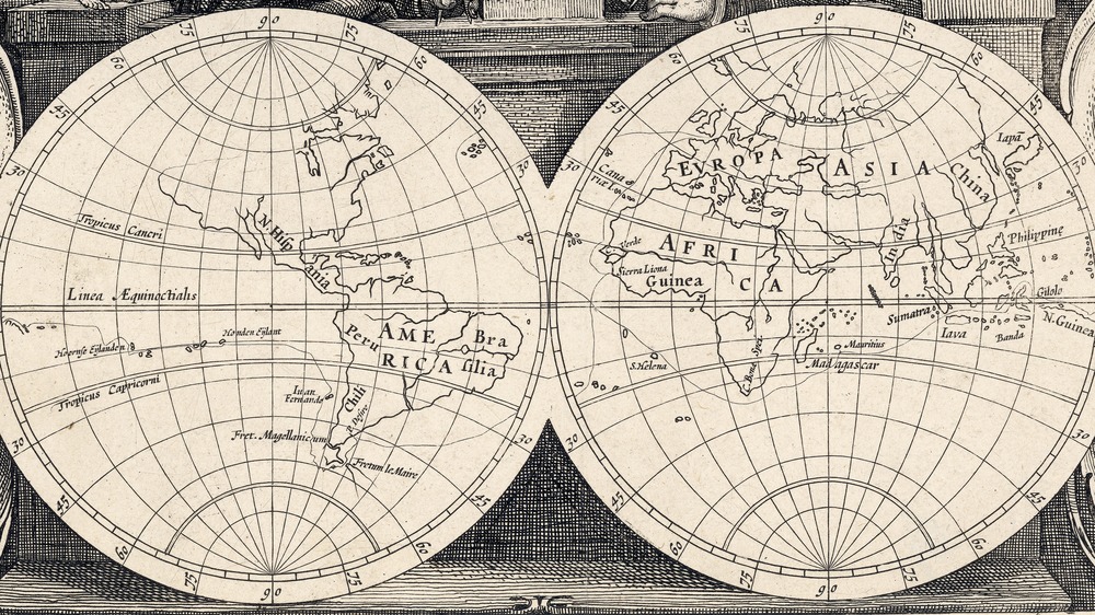 drawing of two spheres on a world map