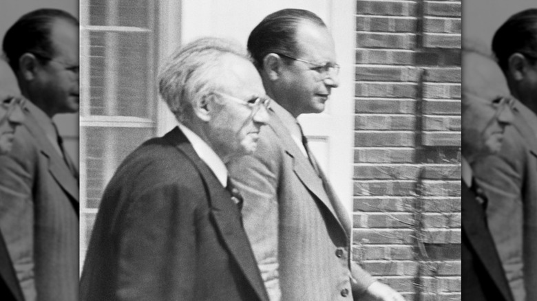 Hans Einstein, right, and Otto Nathan leaving hospital 1955