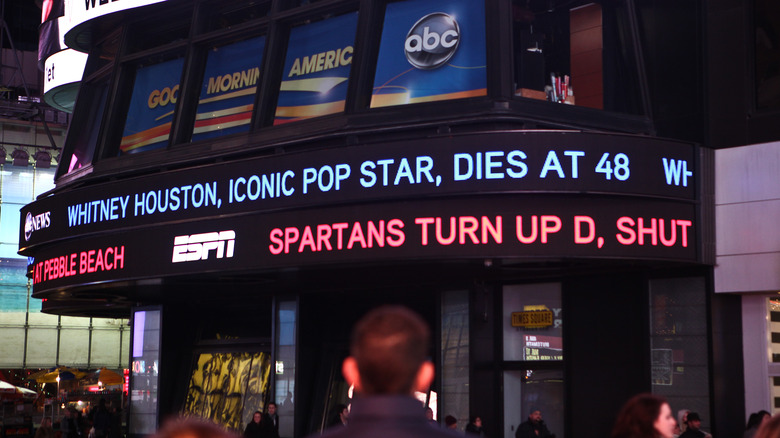 News ticker announcing Whitney Houston's death