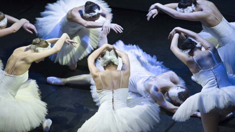 swan lake dancers with arms over ballerina 