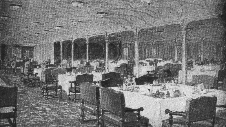 Black and white depiction of a large dining room with several tables 