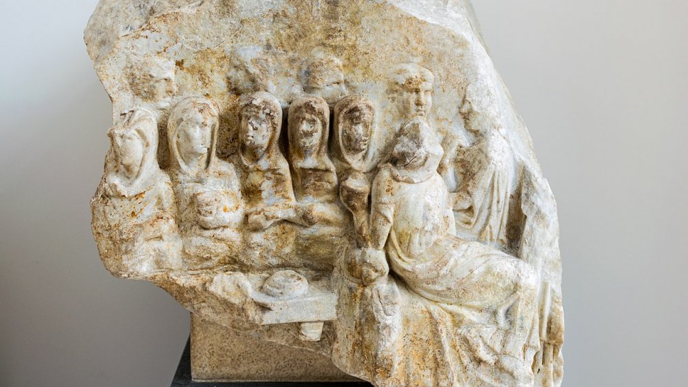 Marble fragment from Luna, Italy showing seated Vestals at a banquet