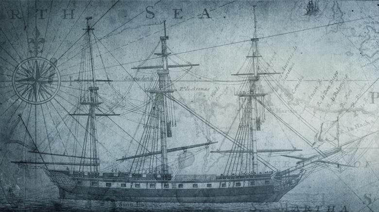 composite image of sailing ship with compass markings