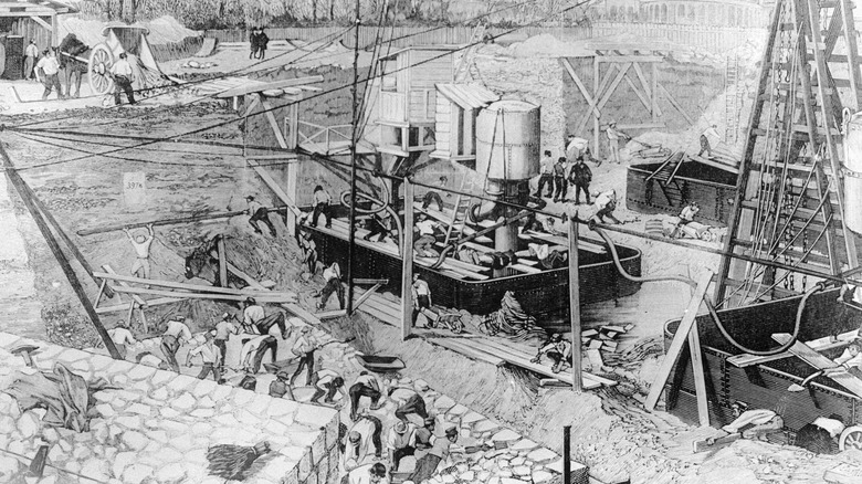 1887: Workmen laying the foundations of the Eiffel Tower, Paris