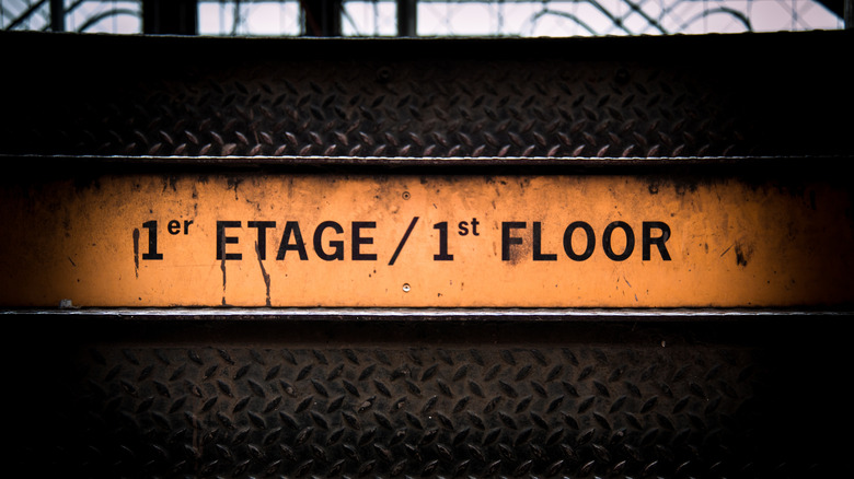 Yellow and orange Stairs sign "1st Etage / 1st floor" Eiffel Tower