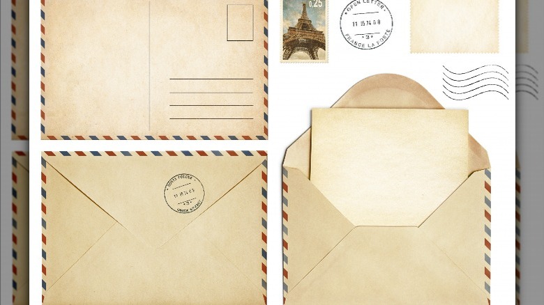 postcard, mail envelope, open letter, stamp collection