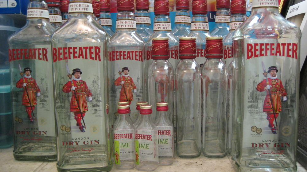 empty beefeater gin bottles lined up