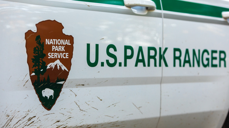 Bentonville, Virginia, Lettering "U.S. Park Ranger" and NPS Logo on Car Door of a Patrol Vehicle of the National Park Service