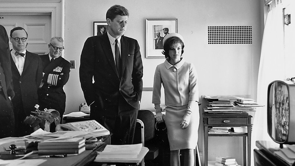 Arthur Schlesinger Jr., Admiral Arleigh Burke, President John F. Kennedy and Jackie Kennedy watching the flight of Mercury-Redstone 3 on May 5, 1961 by Cecil W. Stoughton