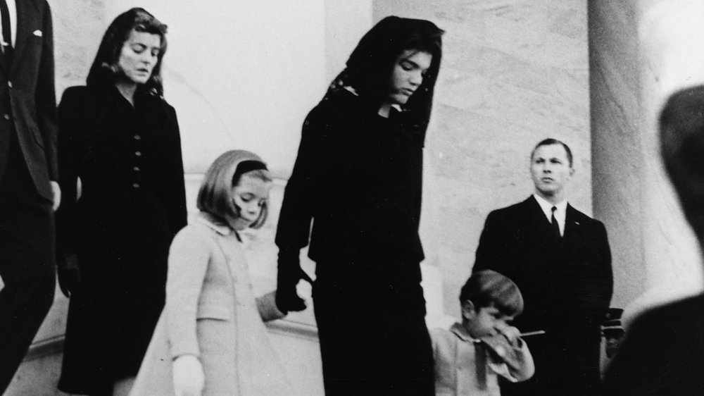 Patricia Kennedy Lawford, Caroline Kennedy, Jackie Kennedy and John Kennedy Jr. leave the US Capitol after viewing President John F. Kennedy lying in state, November 1963