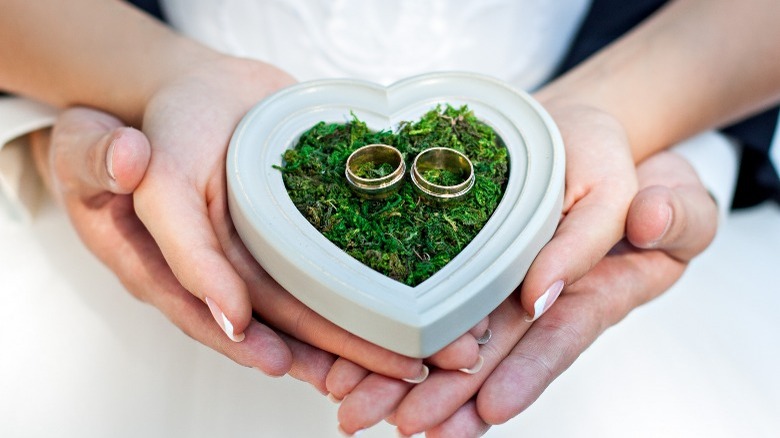 Hands holding small heart vase with grass and rings