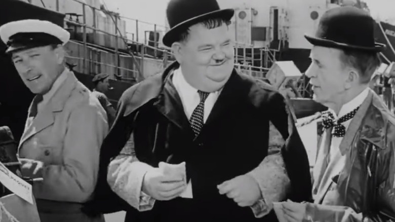 Laurel and Hardy on set