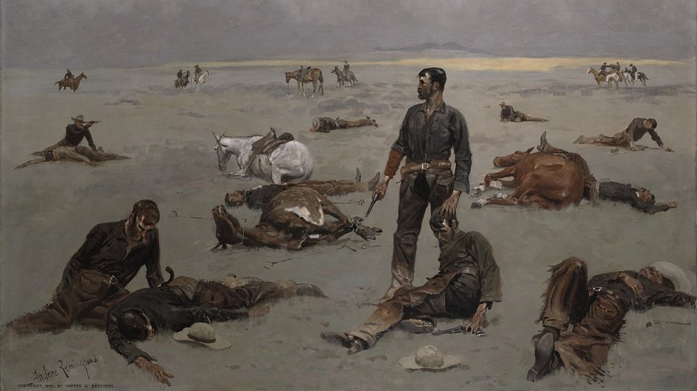 What an unbranded cow has cost, Frederic Remington, 1895. This painting was loosely inspired by the violent "cattle wars" of the 1880s and 1890s. 