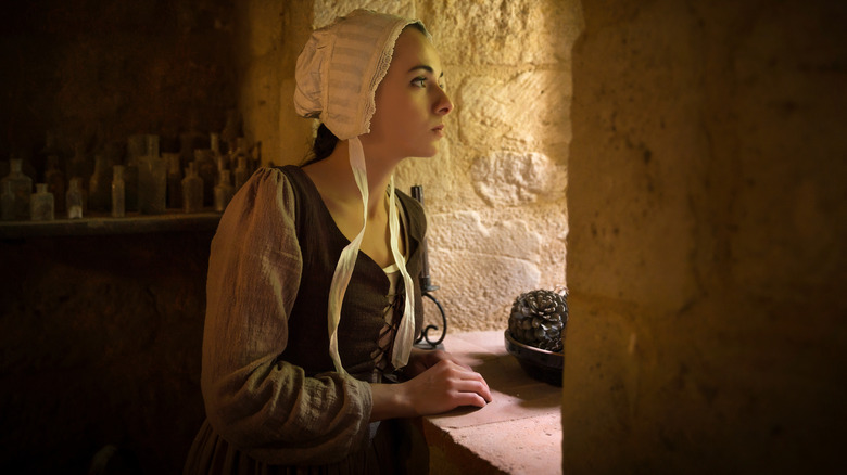 person at a castle window