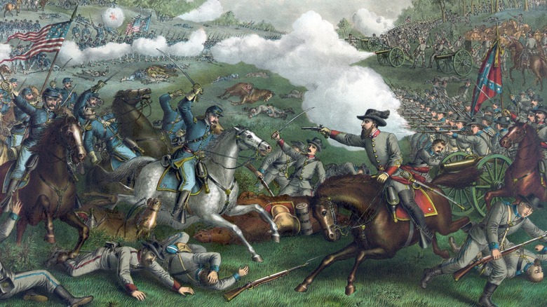 Civil War troops fighting horseback illustration