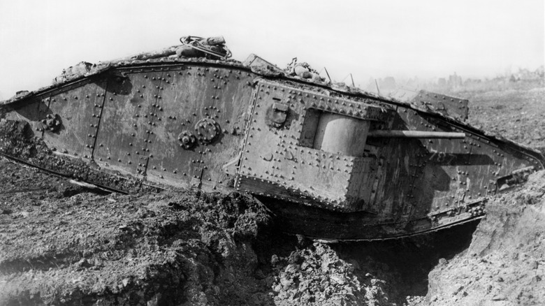 British tank crossing a trench