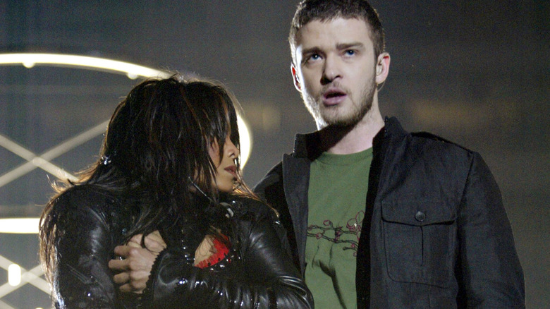 Janet Jackson and Justin Timberlake onstage at the Super Bowl 2004