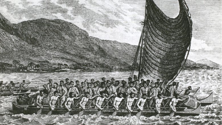 Hawaiians bring gifts to Captain James Cook