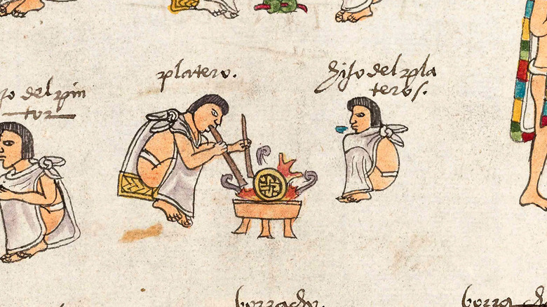 Scene from the colonial era Codex Mendoza of a father teaching his son to work gold.