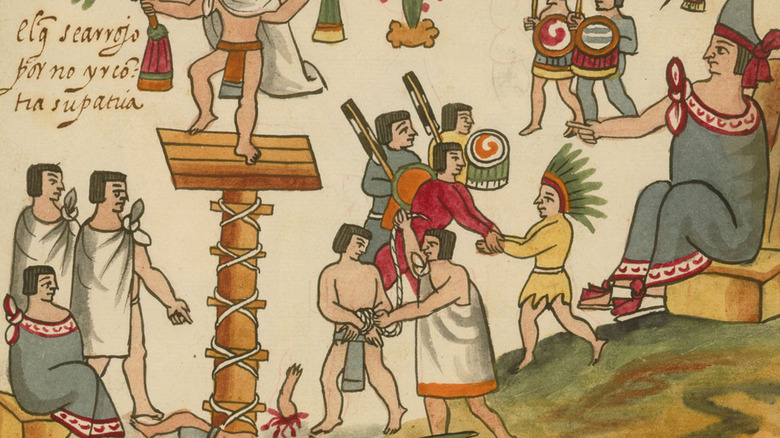 Scene from the Tovar codex with soldiers and prisoners.