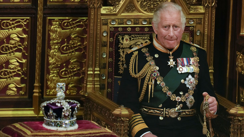 Prince Charles opens Parliament in 2022, with the queen represented by the Imperial Crown