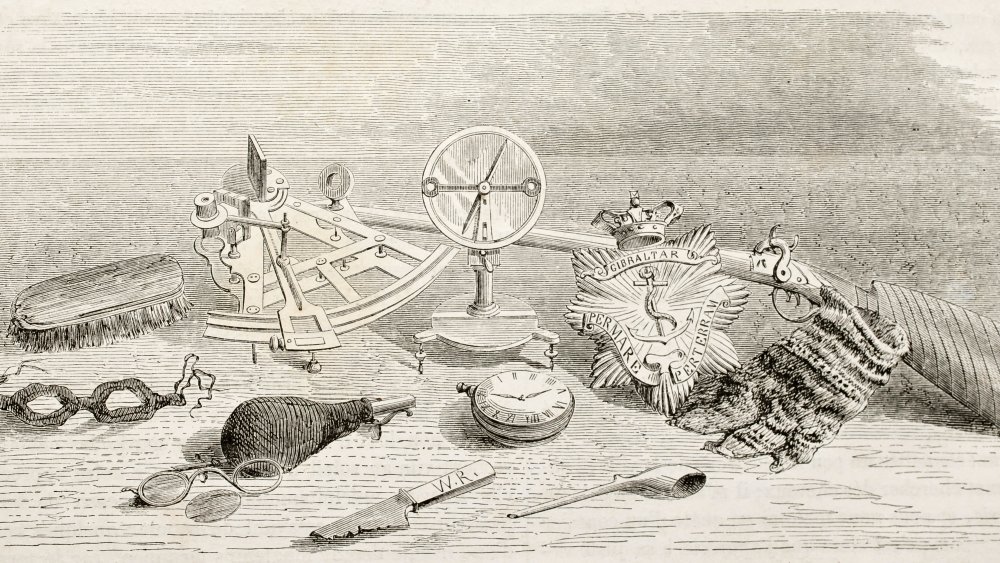 Old illustration of John Franklin expedition objects found after disaster. Created by Lancelot, published on Le Tour du Monde, Paris, 1860