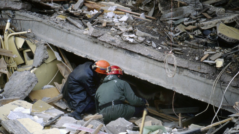 Rescue workers looking for people in the rubble