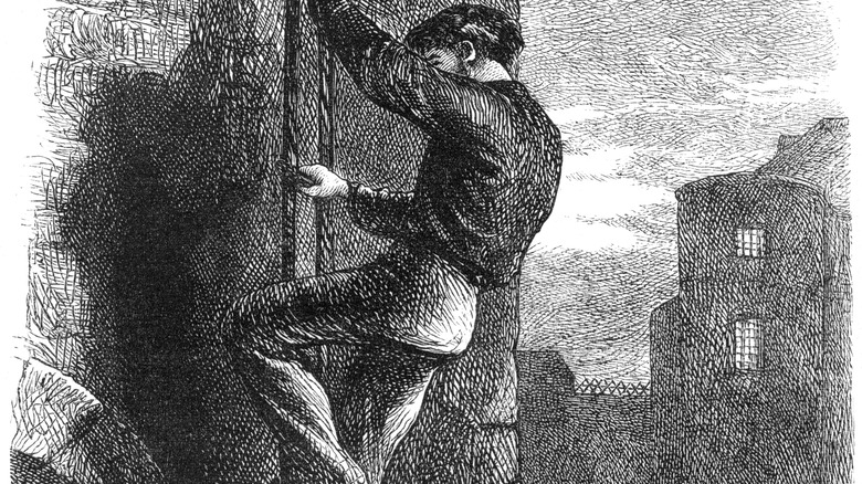 an etching of a POW escaping down a ladder