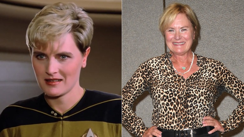 Tasha Yar speaking and Denise Crosby smiling and wearing a leopard print shirt