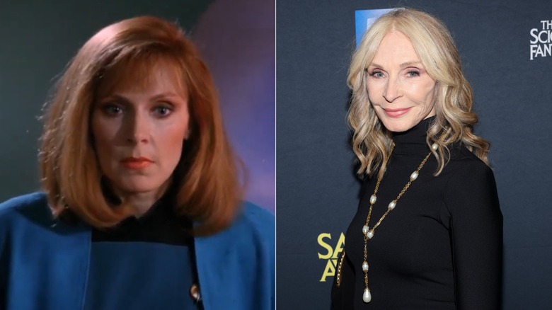 Beverly Crusher wearing blue and Gates McFadden wearing all black and smiling for a photo