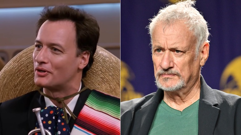 Q with a sombrero over his shoulders and John de Lancie wearing a green shirt and blazer while looking ahead